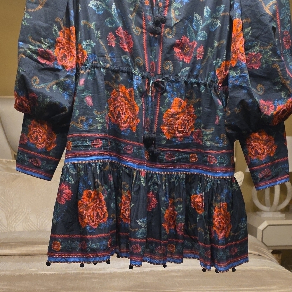 FARM Rio Black Floral Tapestry Mini Dress with Red Roses - Picture 4 of 16